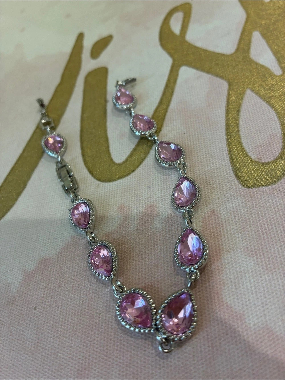 Pink Crystal Beveled Glass with Rhinestones inset Silver Bracelet